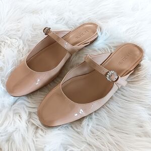J. Crew Mary Jane Slip On Patent Leather Nude Mule Flats with Rhinestone Buckle